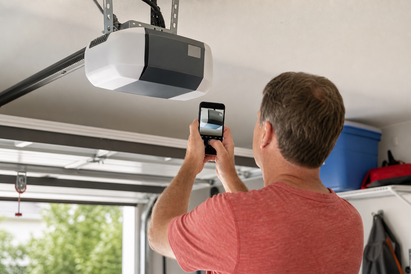 A homeowner using a phone camera to inspect an unbranded garage-door opener