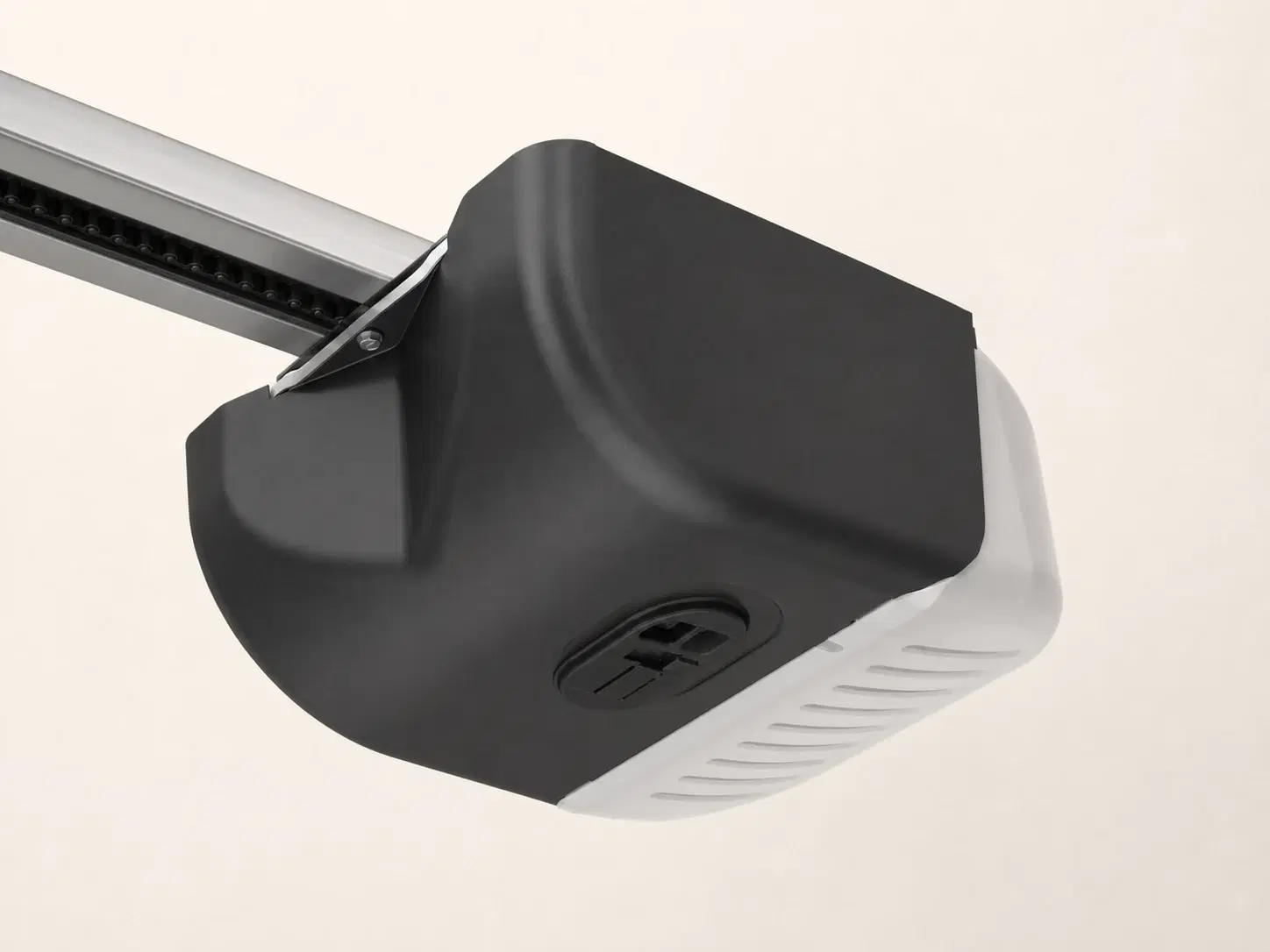Illustrative rendering of the black and white Genie 2028 opener motor unit