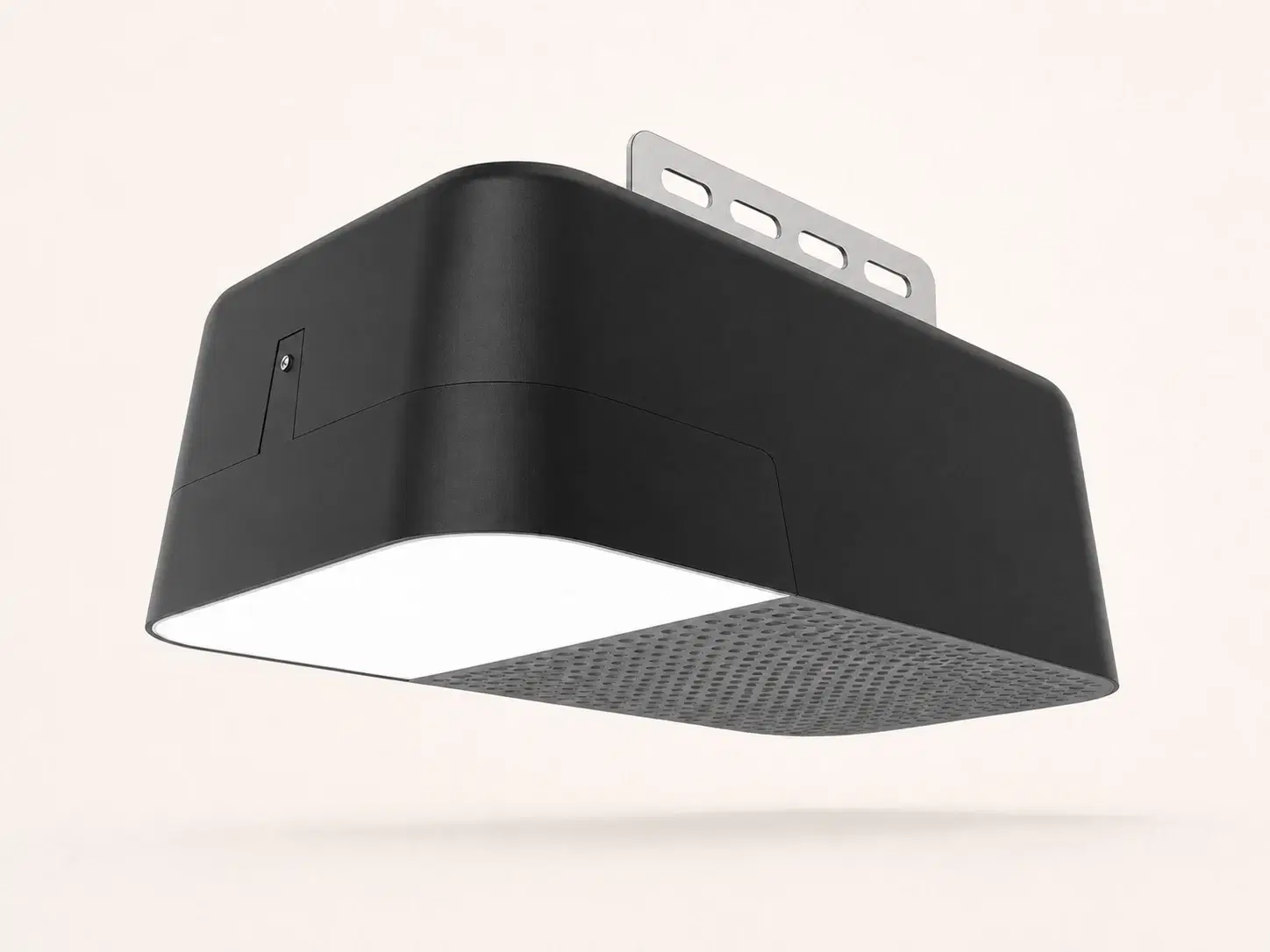 Illustrative rendering of the black Nice Linear 621 opener motor unit with a broad white light panel