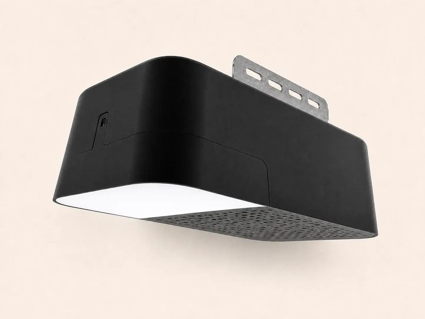 Illustrative rendering of the black Nice Linear 661 opener motor unit with a broad white light panel