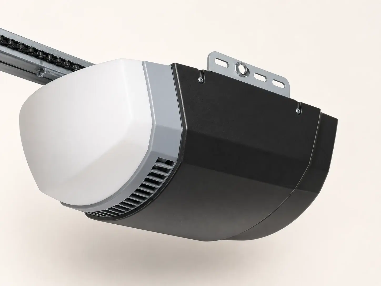 Illustrative rendering of the black Linear LDCO801 opener motor unit with a white light cover