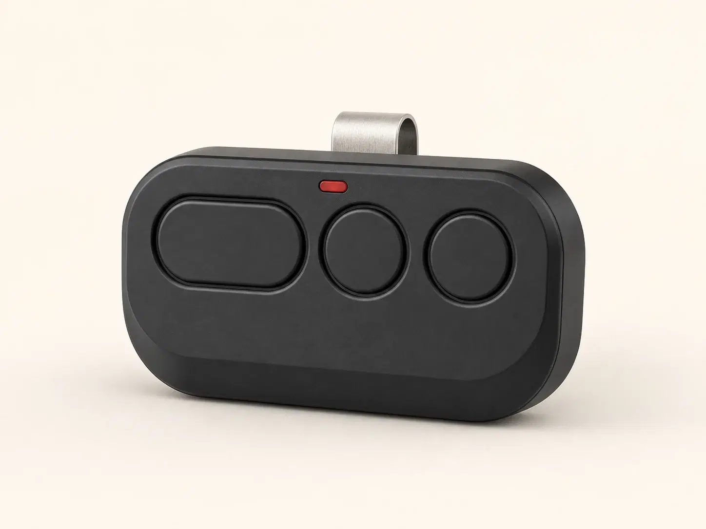 Illustrative rendering of a wide black visor remote with one large and two circular buttons