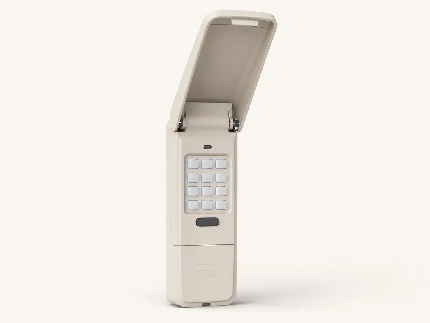 Illustrative rendering of a slim off-white wireless garage keypad with its weather cover open