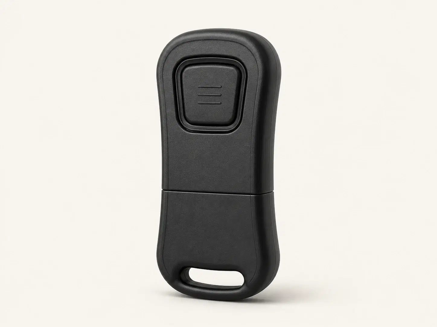 Illustrative rendering of a narrow black keychain remote with one ridged button