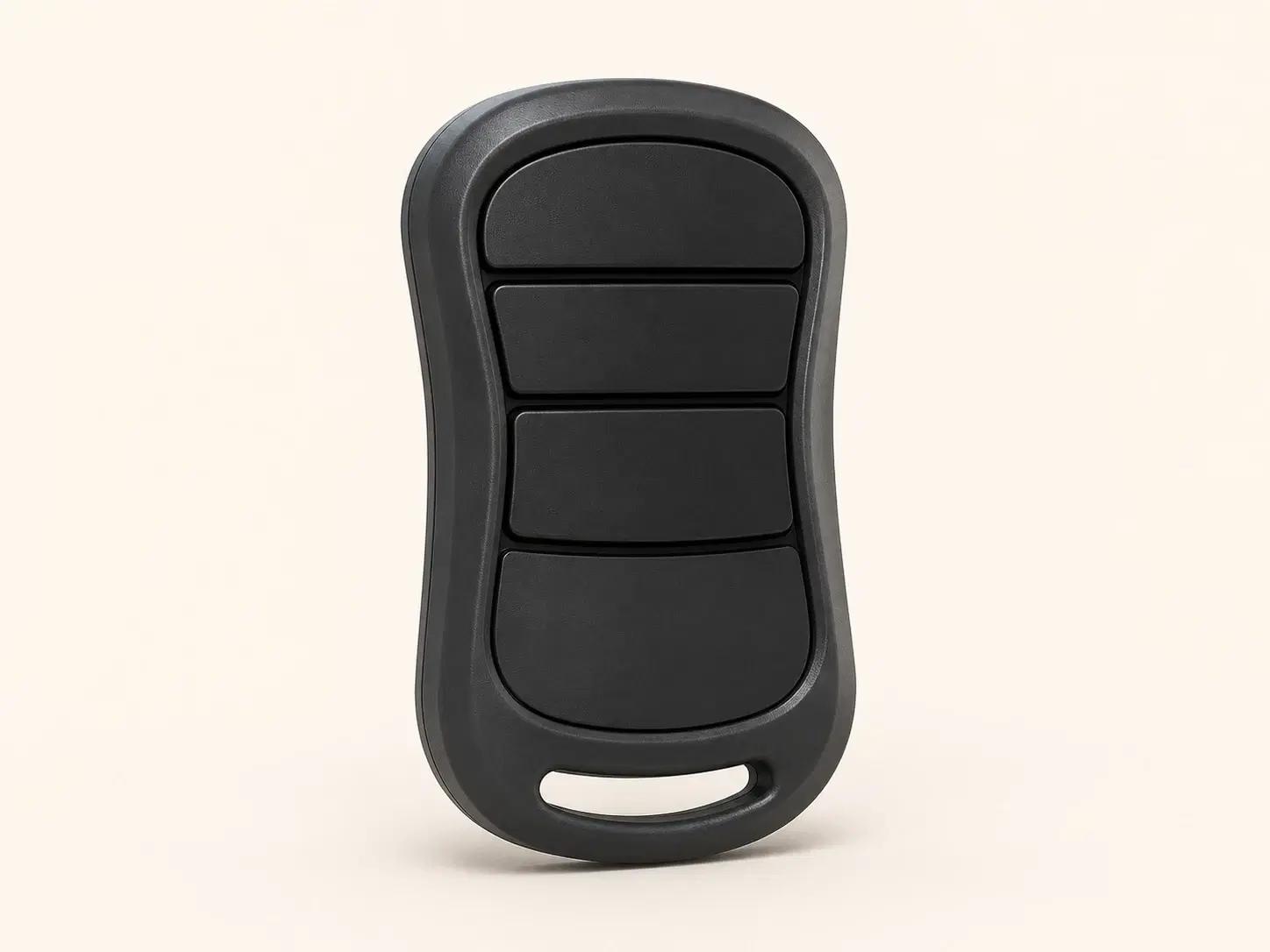 Illustrative rendering of a vertical black keychain remote with three stacked buttons