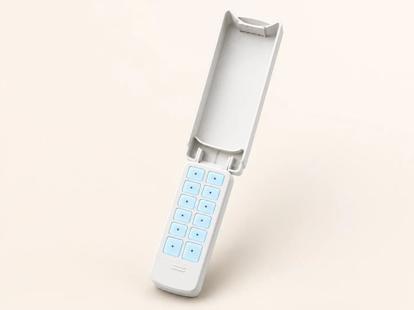 Illustrative rendering of a long white wireless keypad with its weather cover open
