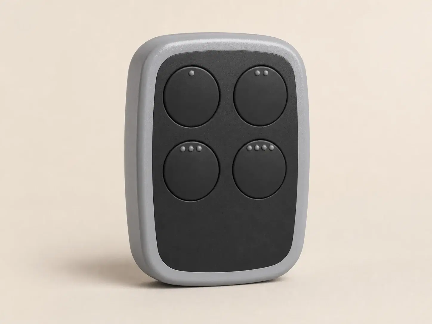 Illustrative rendering of a gray and black universal remote with four circular buttons