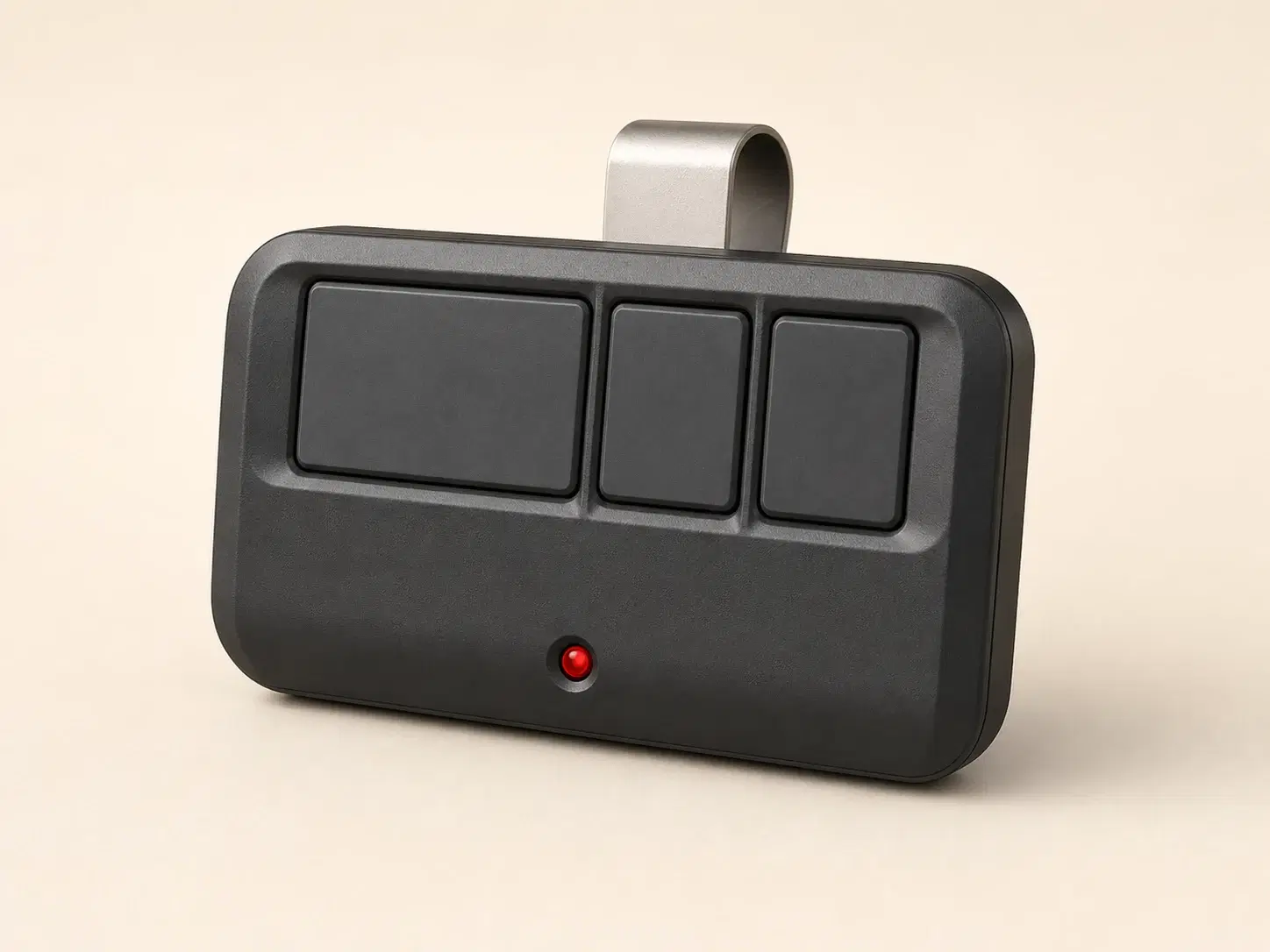 Illustrative rendering of a wide black visor remote with three rectangular buttons