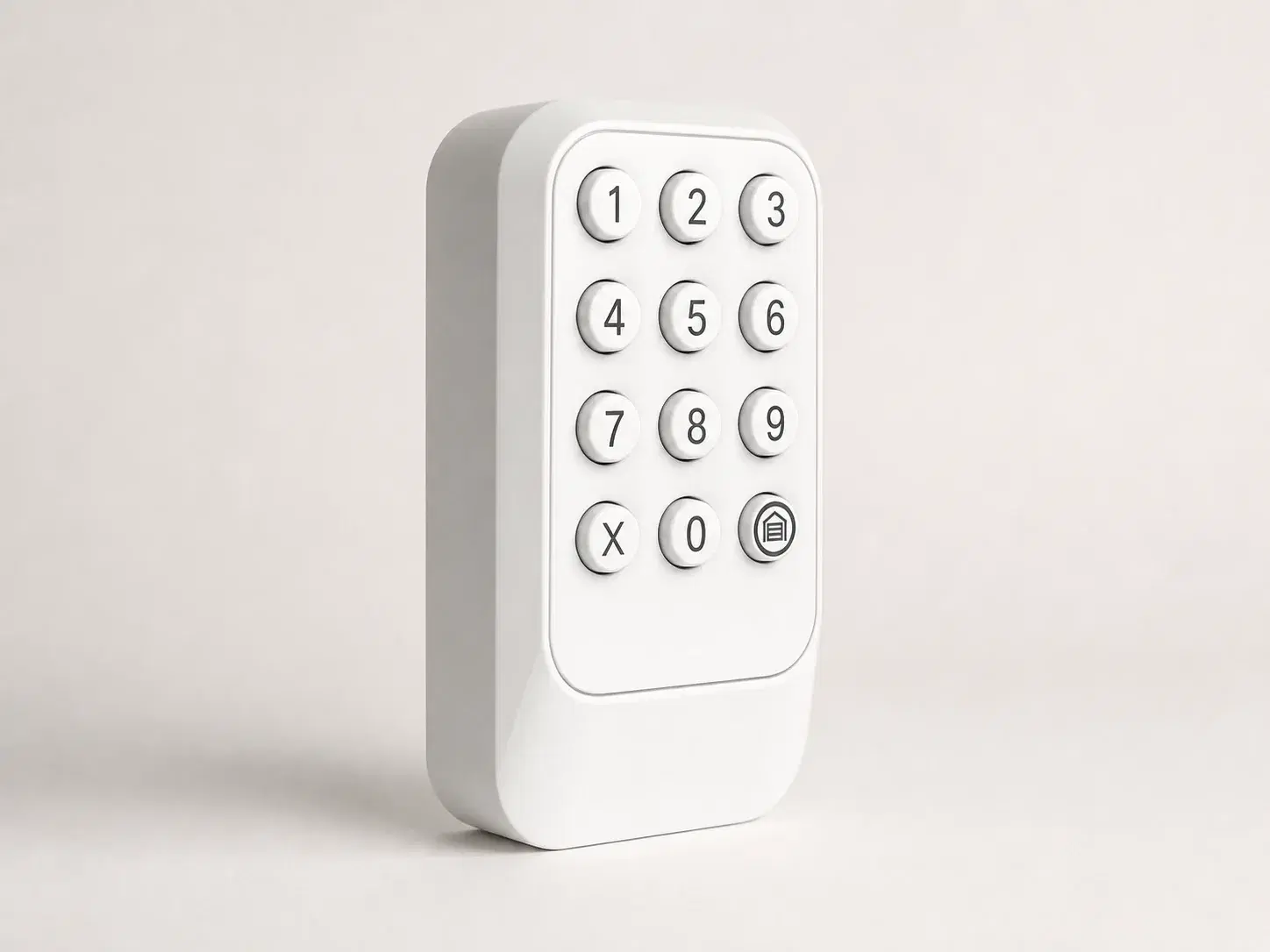 Illustrative rendering of a white wireless garage-door keypad