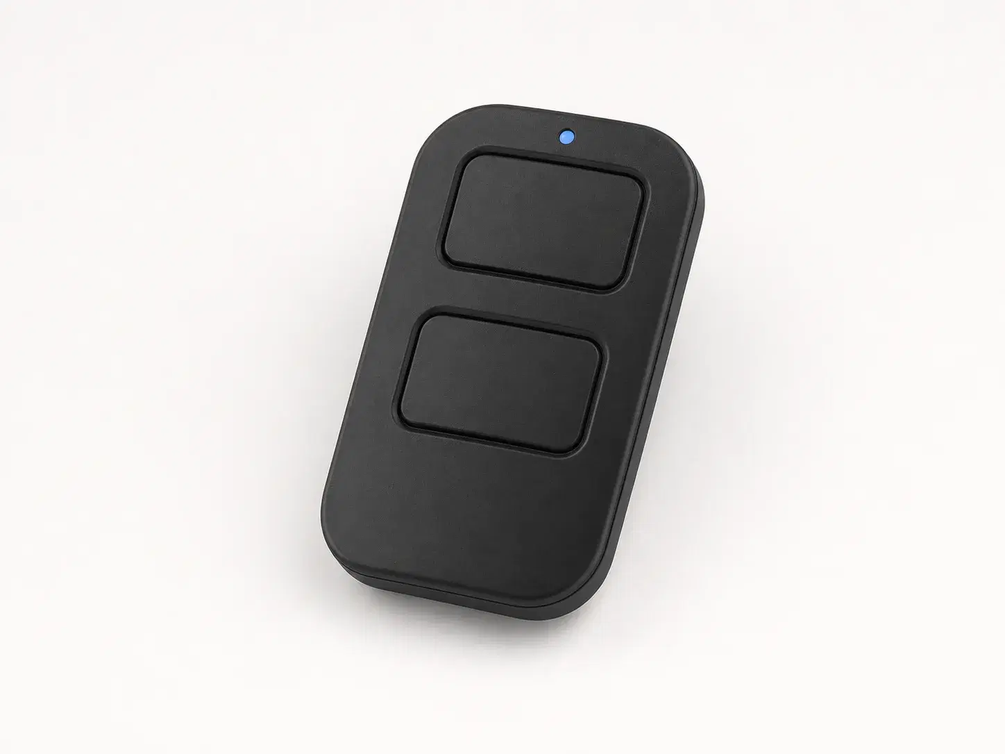 Illustrative rendering of a black two-button universal garage-door remote
