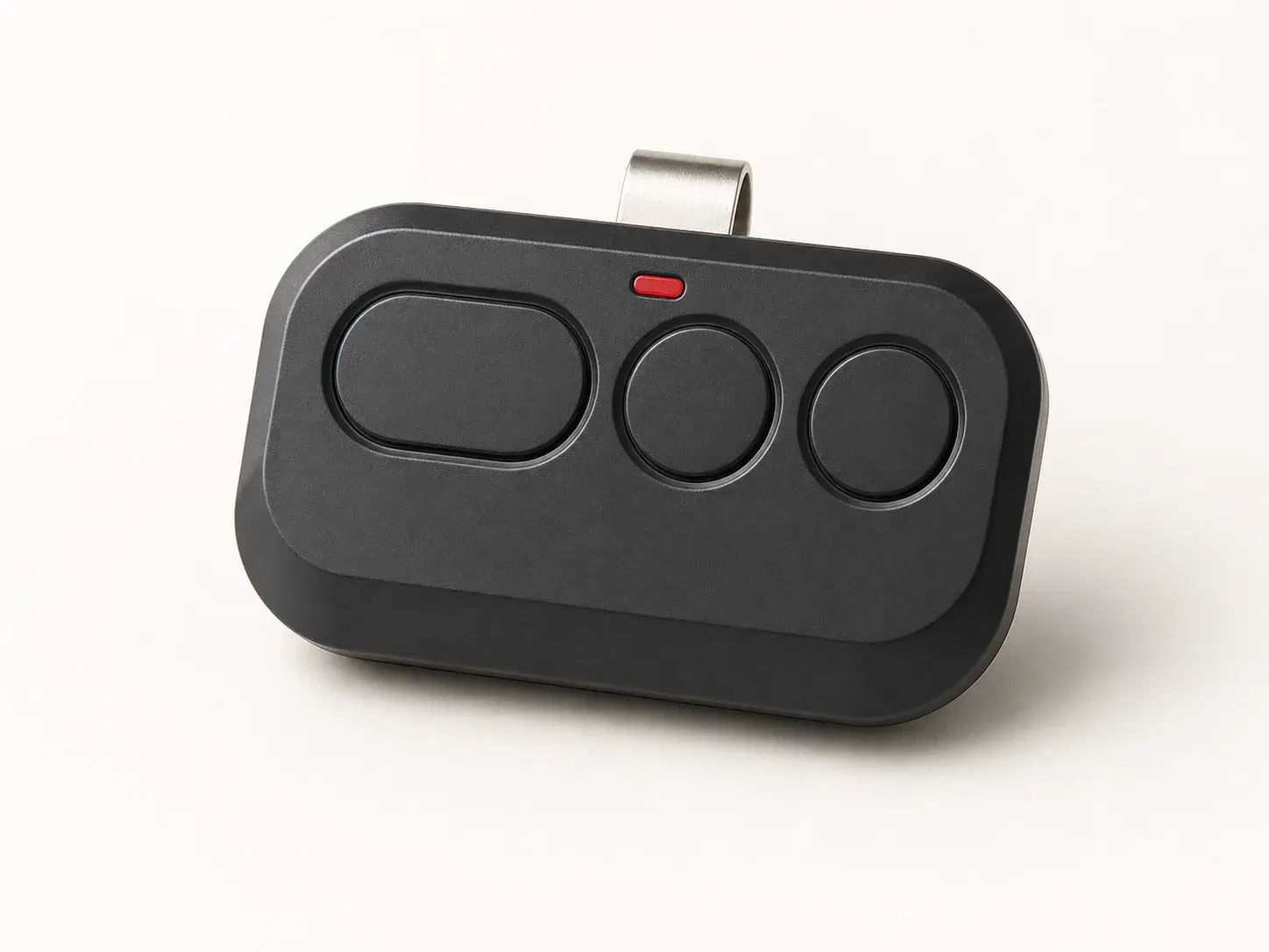 Illustrative rendering of a black three-button garage-door remote