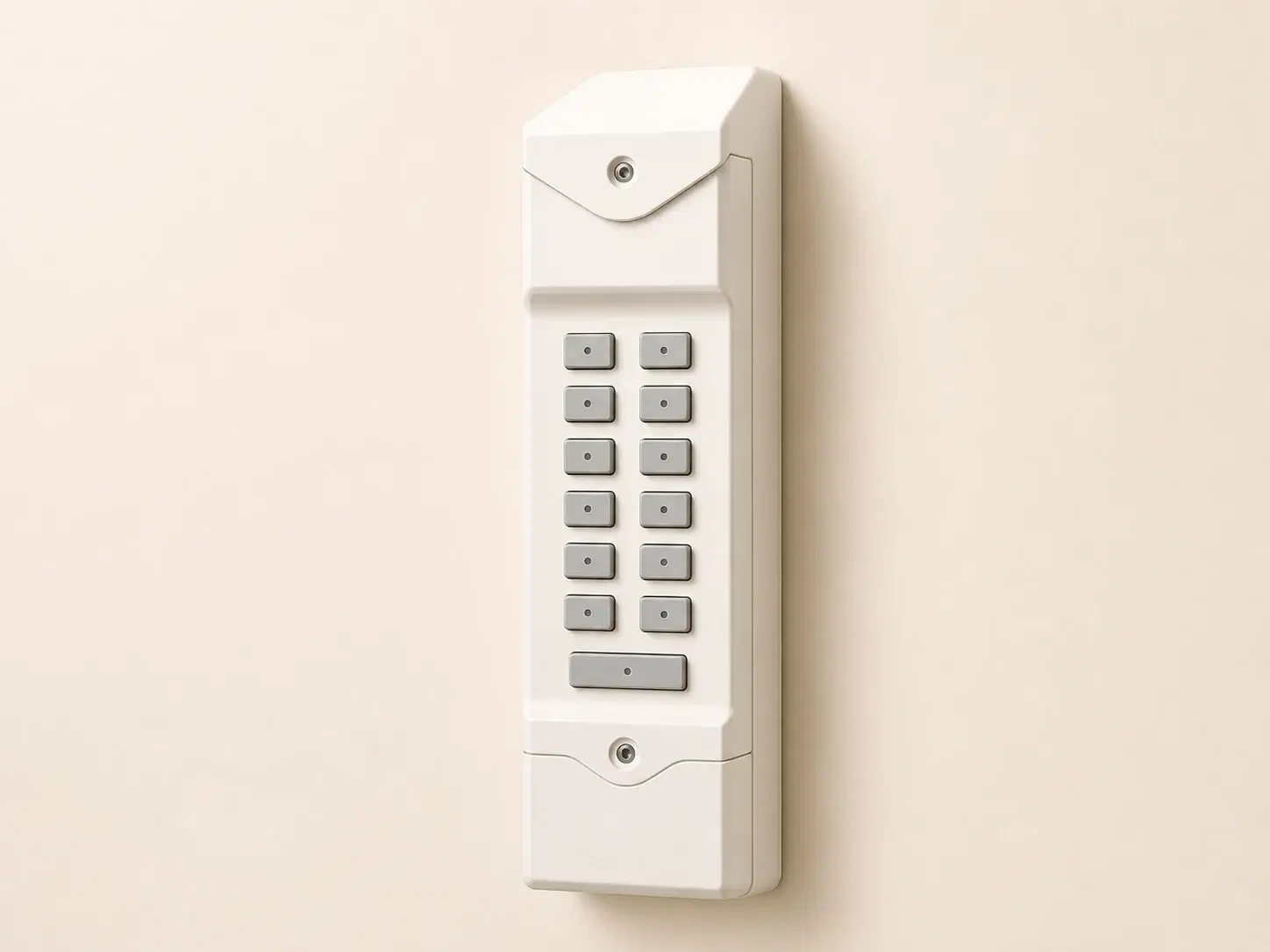 Illustrative rendering of a tall narrow white wireless keypad with two columns of buttons