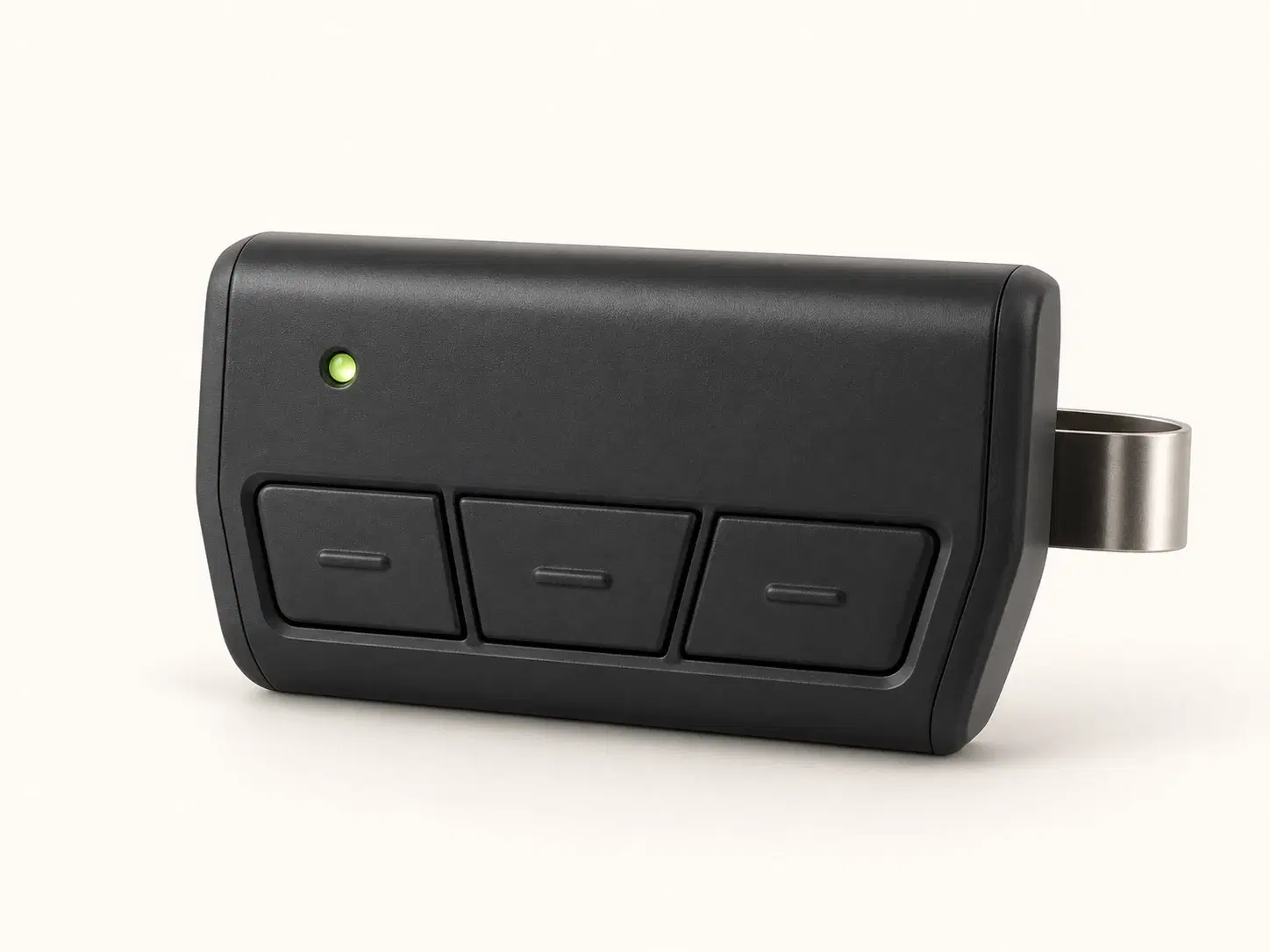 Illustrative rendering of a black visor remote with three trapezoidal buttons and a side clip