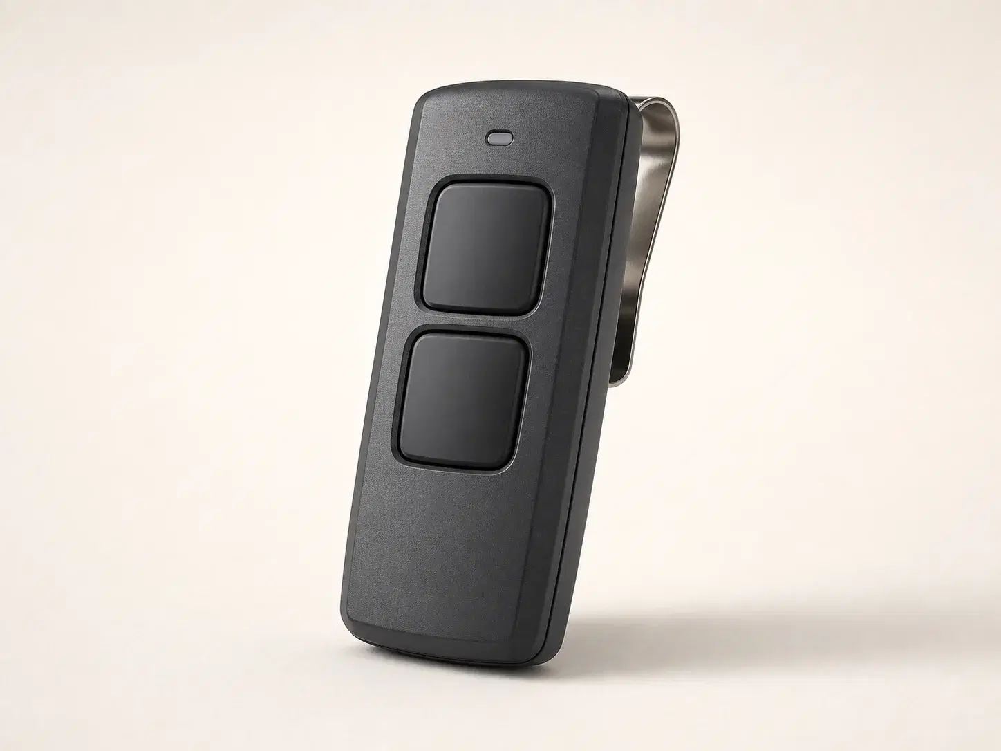 Illustrative rendering of a slim dark two-button Marantec-compatible visor remote
