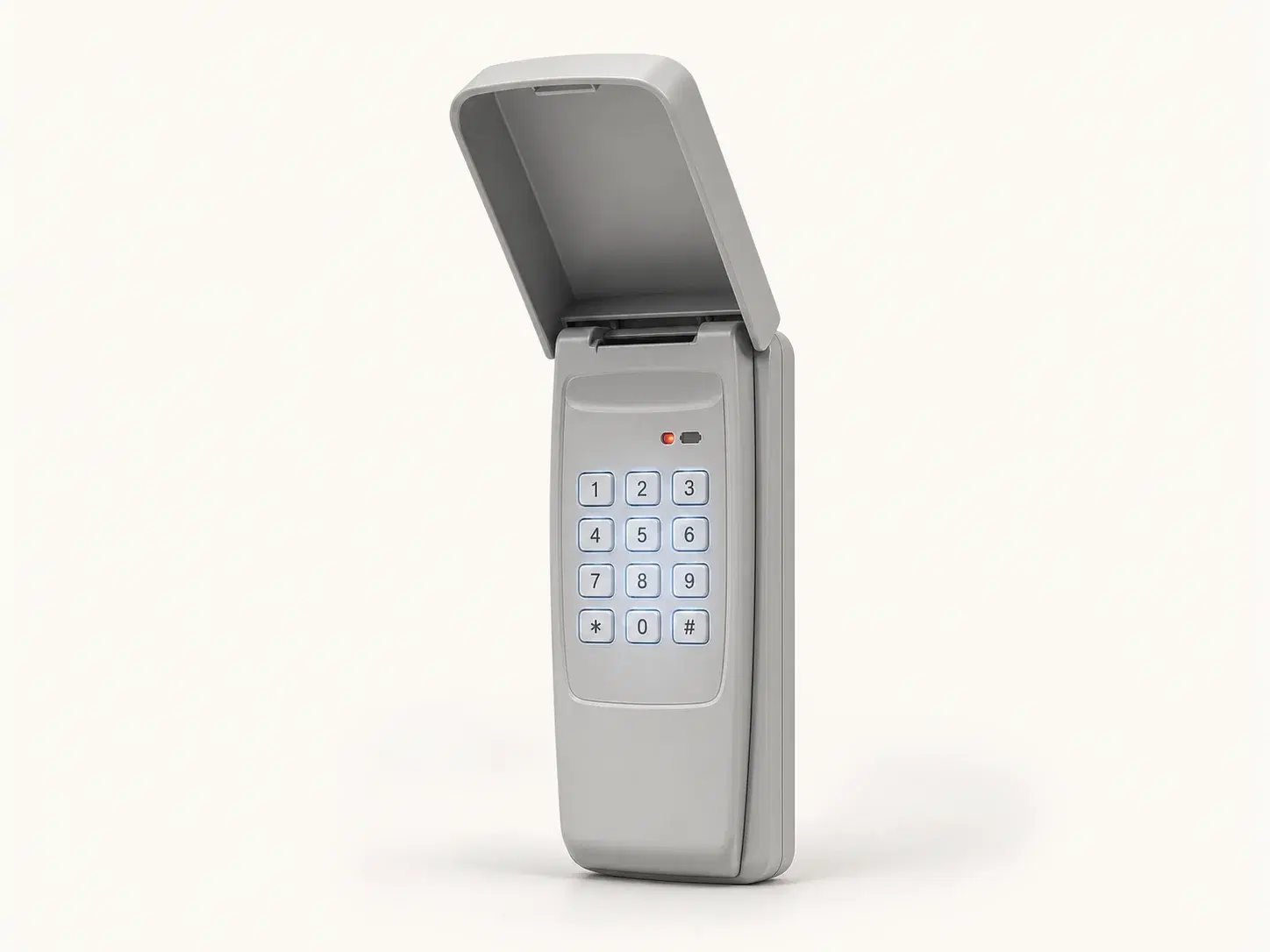 Illustrative rendering of a light gray wireless garage-door keypad with its flip-up cover open