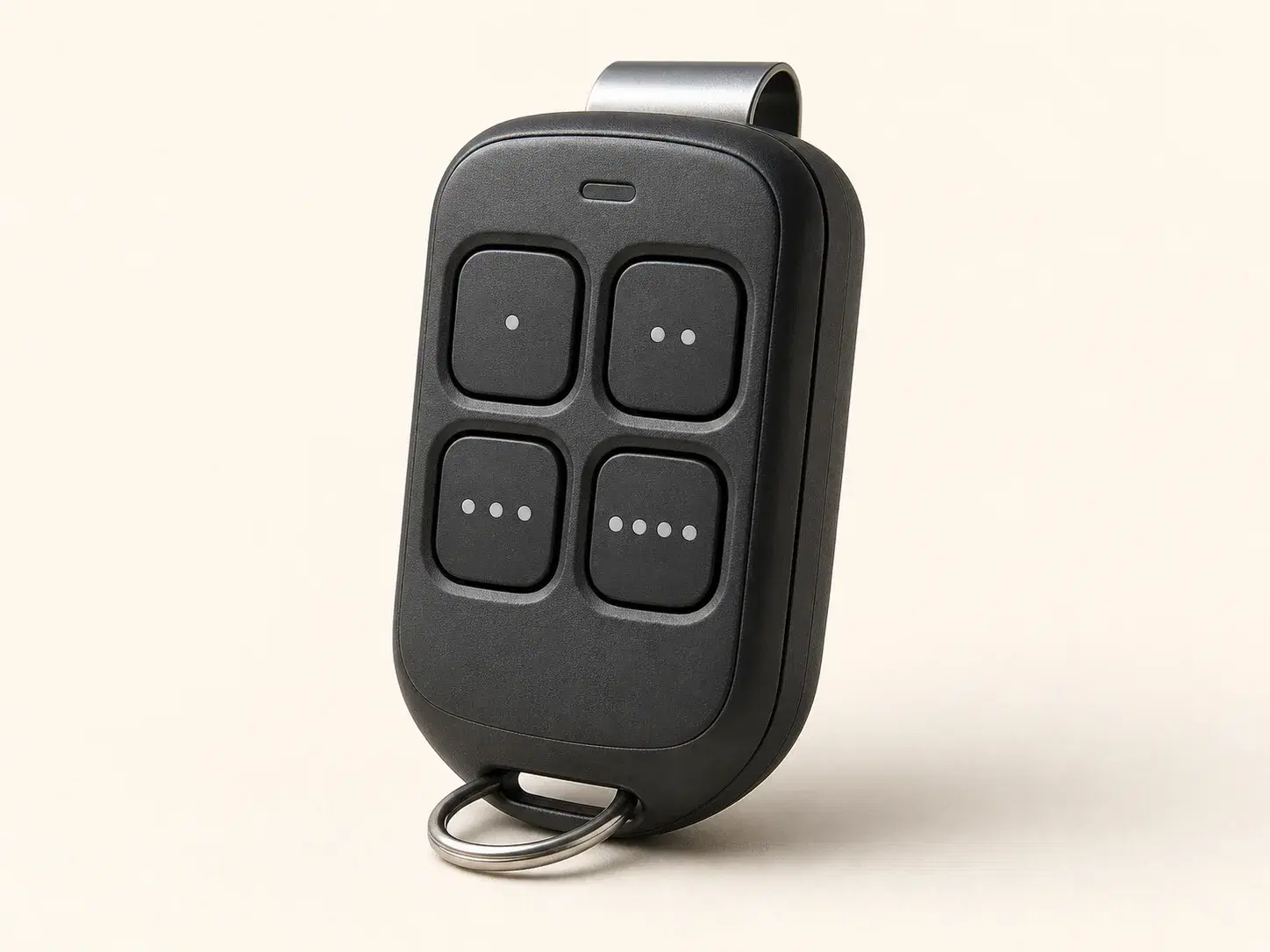 Illustrative rendering of a compact dark four-button universal garage-door remote