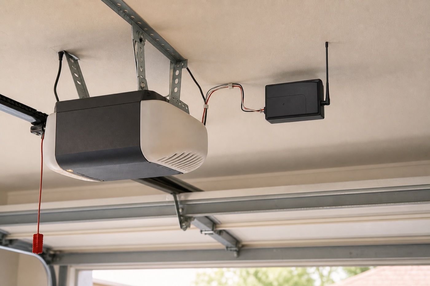 A separate black receiver box with its own antenna mounted beside a ceiling garage-door opener