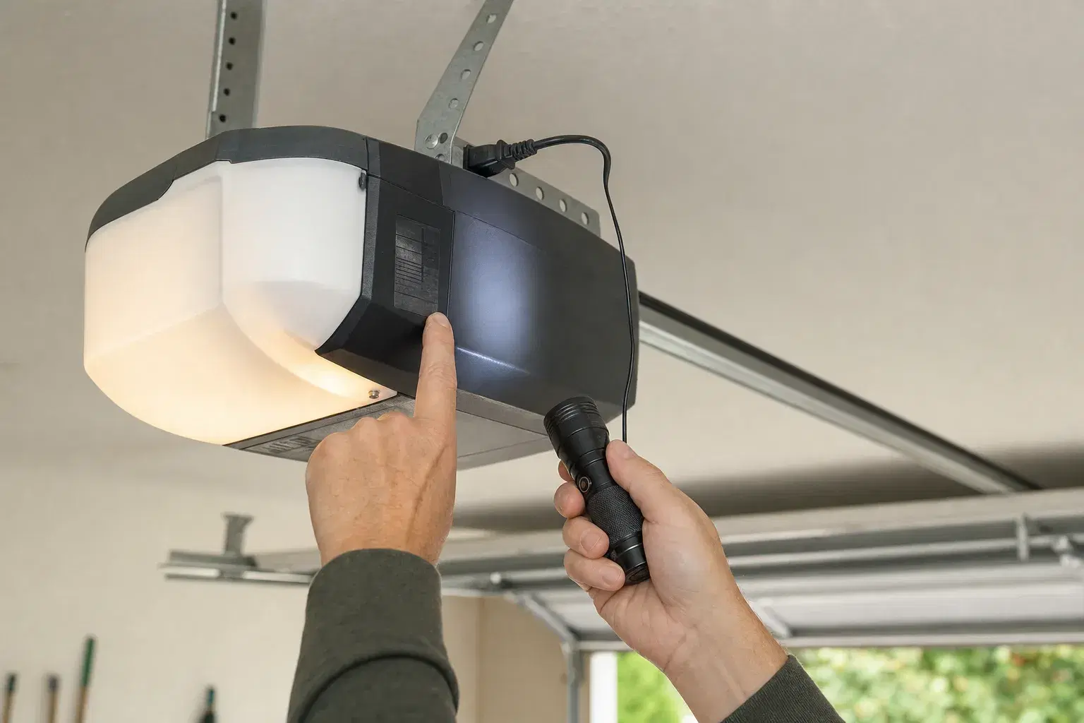 A homeowner checking the label on a garage-door opener