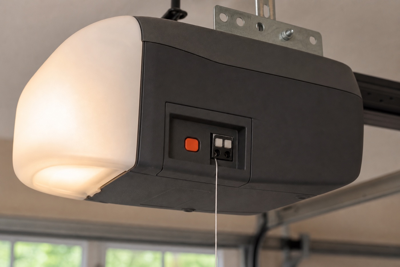 A red-orange Learn button beside the antenna wire on a generic ceiling-mounted garage-door opener