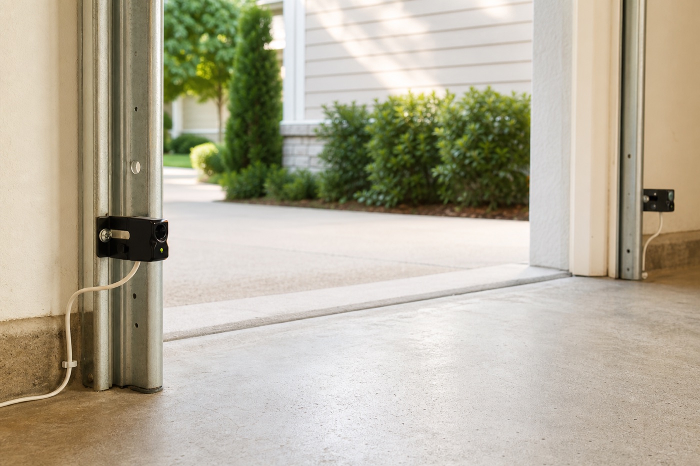Two small wired safety sensors facing each other across the bottom of a garage doorway