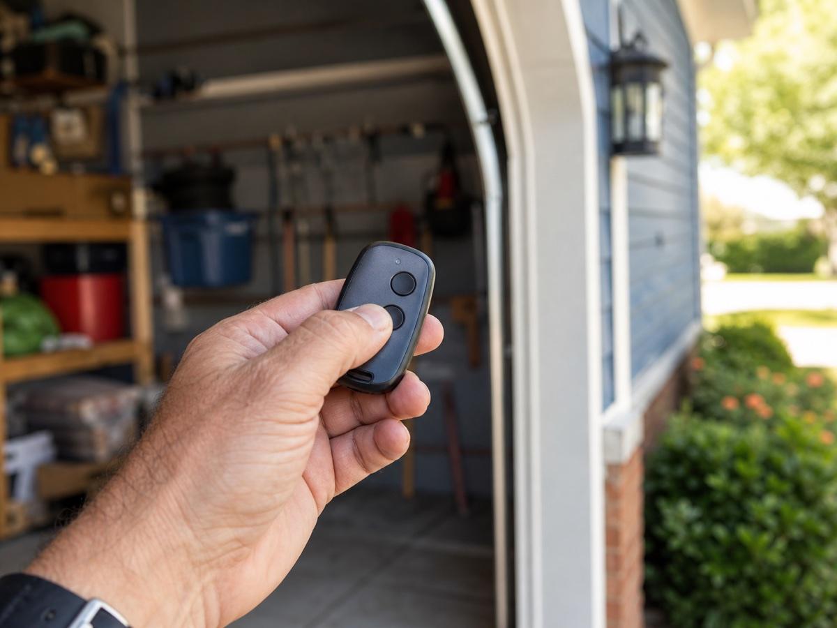 A homeowner using a garage-door remote